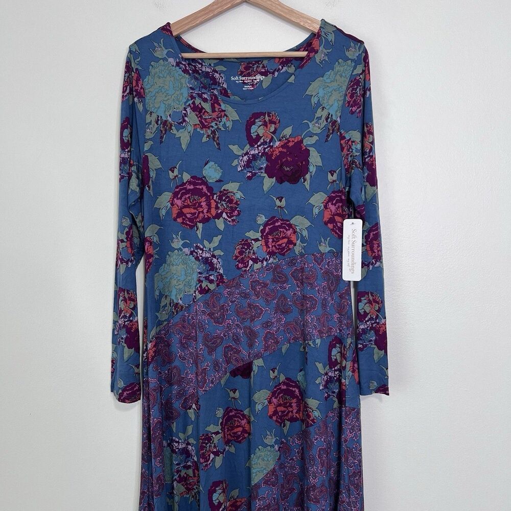 Soft Surroundings Ismerelda Floral Maxi Dress Blue Pink Jersey Long Sleeve M NEW - Picture 4 of 10